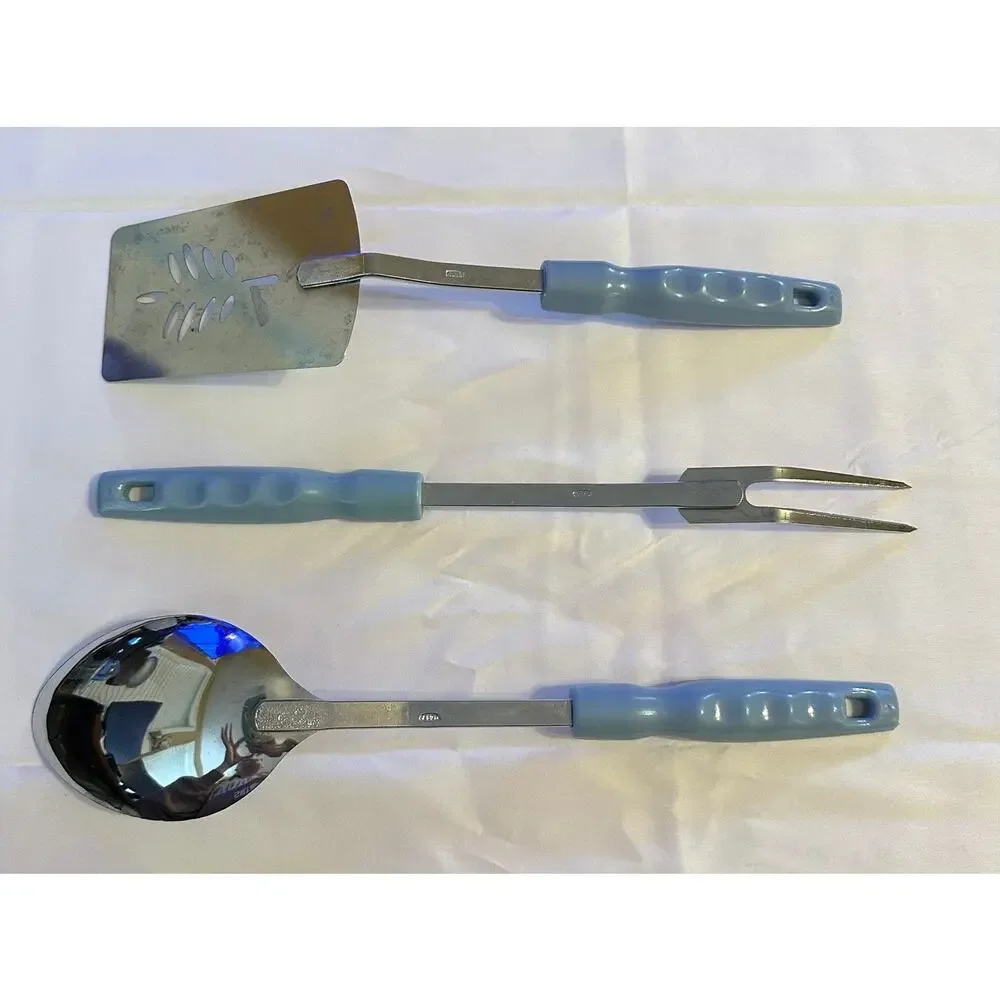Vintage Korean Made Kitchen Utensil Set Spatula Spoon Fork‎ Blue Plastic Handle